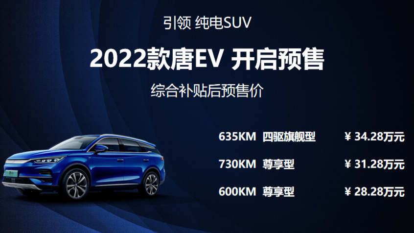 卉眼識車|2022款唐EV預售價格28.28~34.28萬元