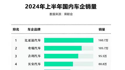 2024上半年銷量，比亞迪No1